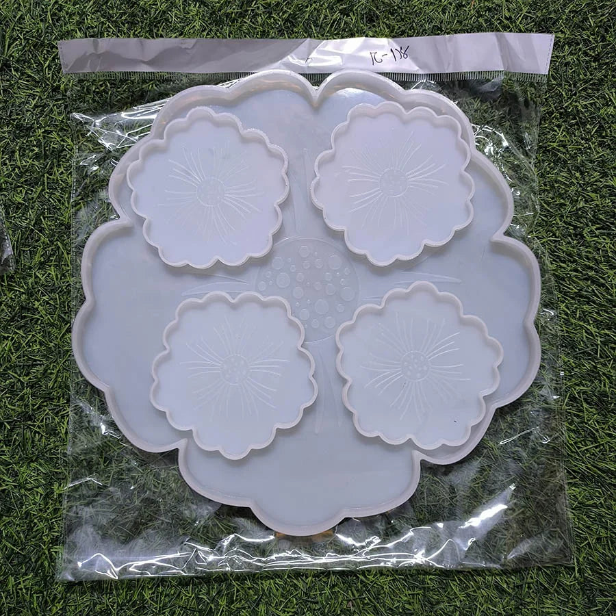 Flower Tray 1Piece 13Inch and Coaster 4.5Inch 4Pcs Set Silicon Mould