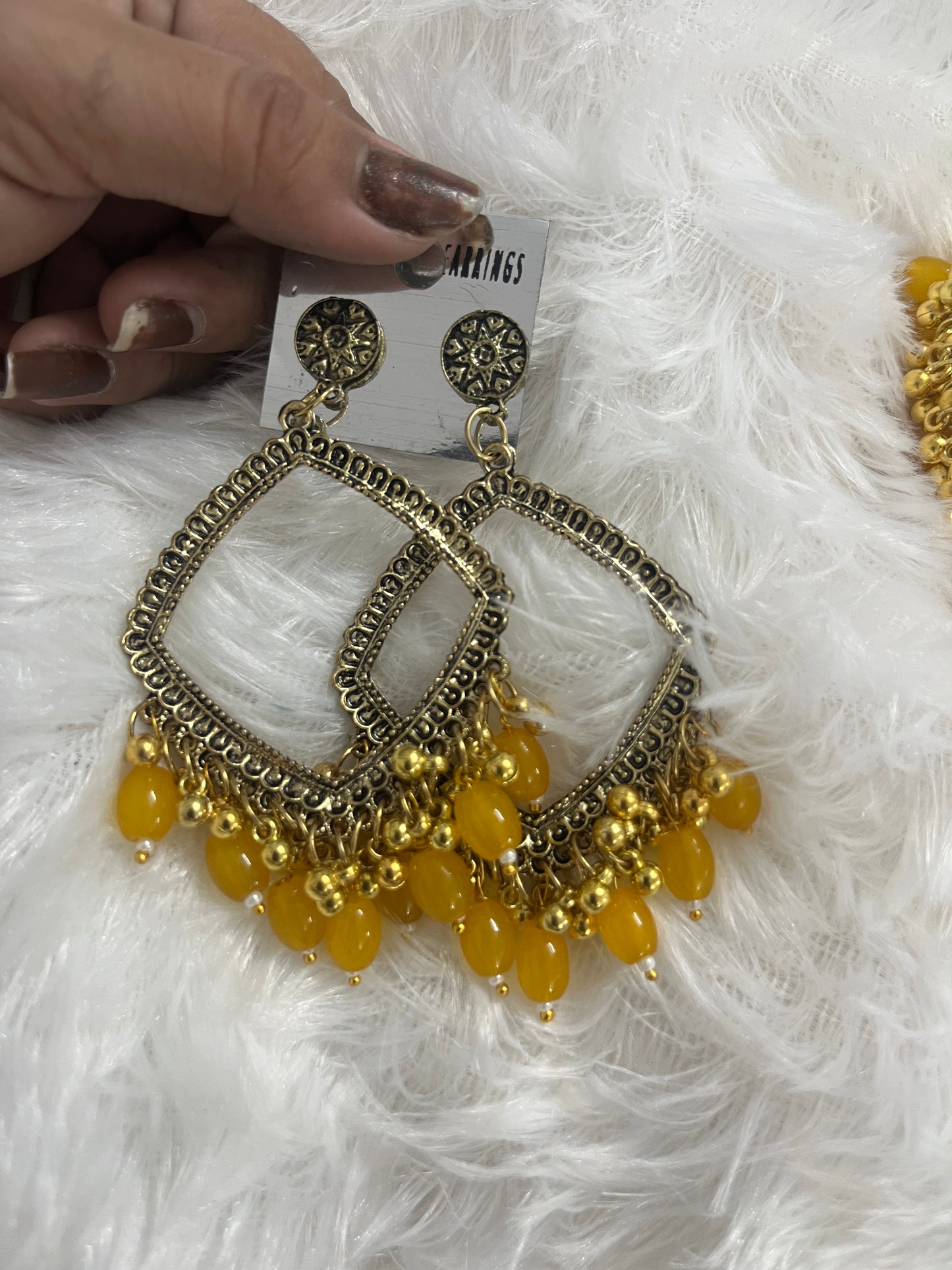 Square  jumka with yellow Moti (golden)