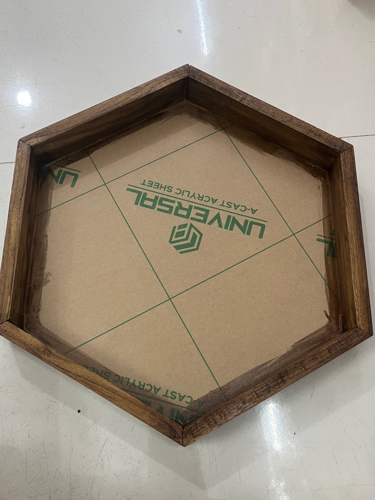 Hexagon Teak Wood Floating Frame with Acrylic Base
