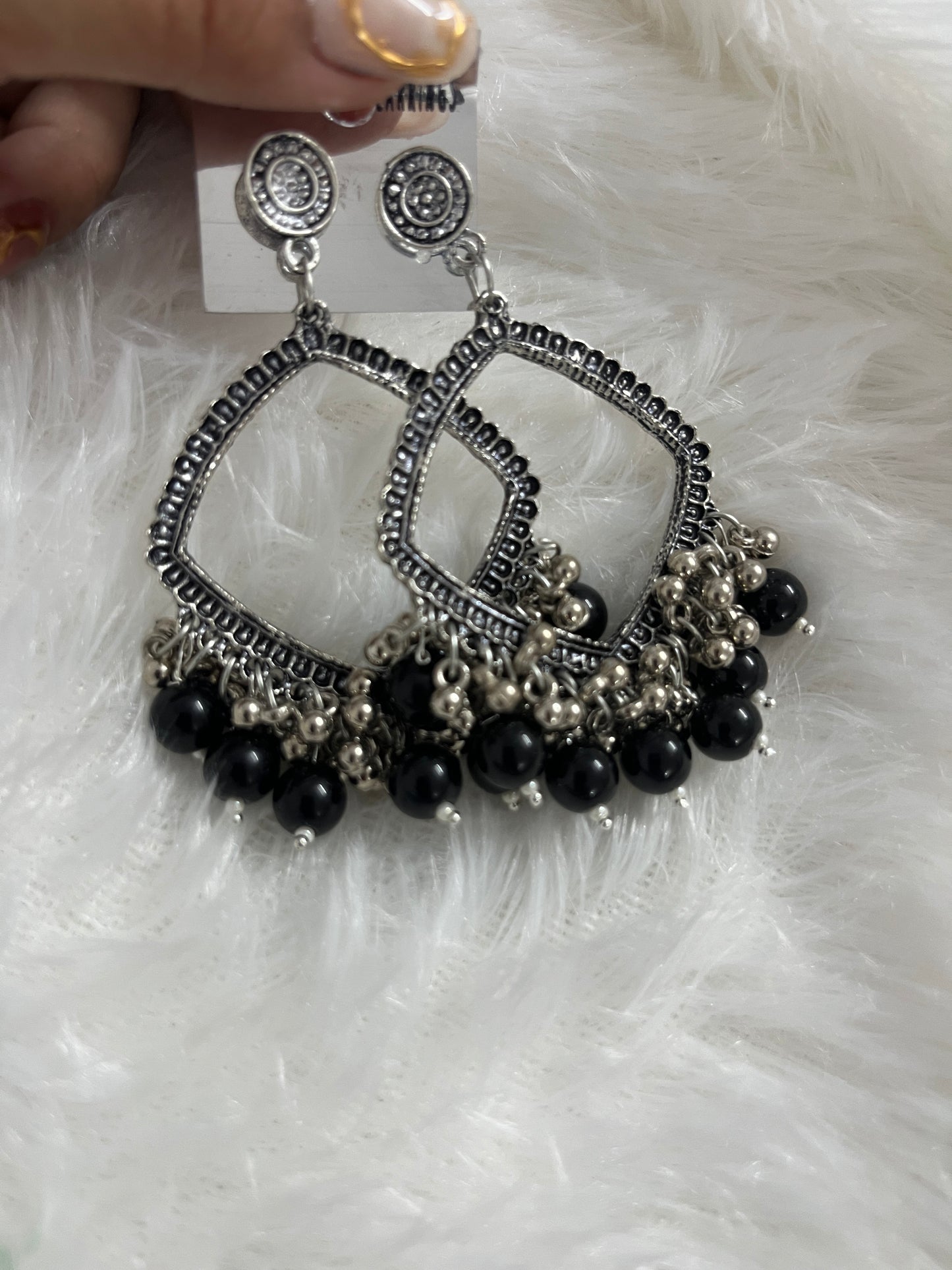 Square jumka with black Moti (silver)