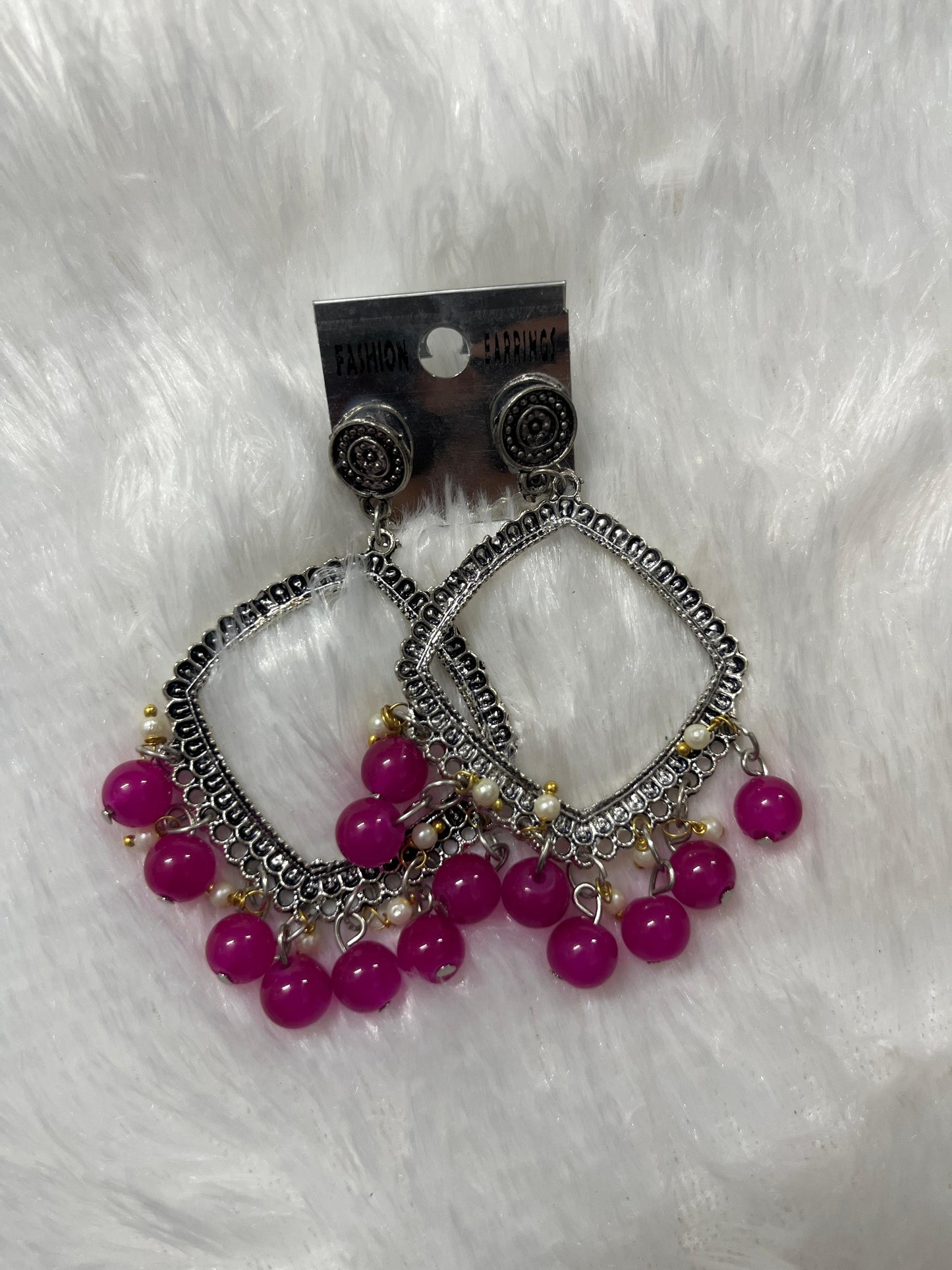 Rhombus Jhumka Earring - pink moti