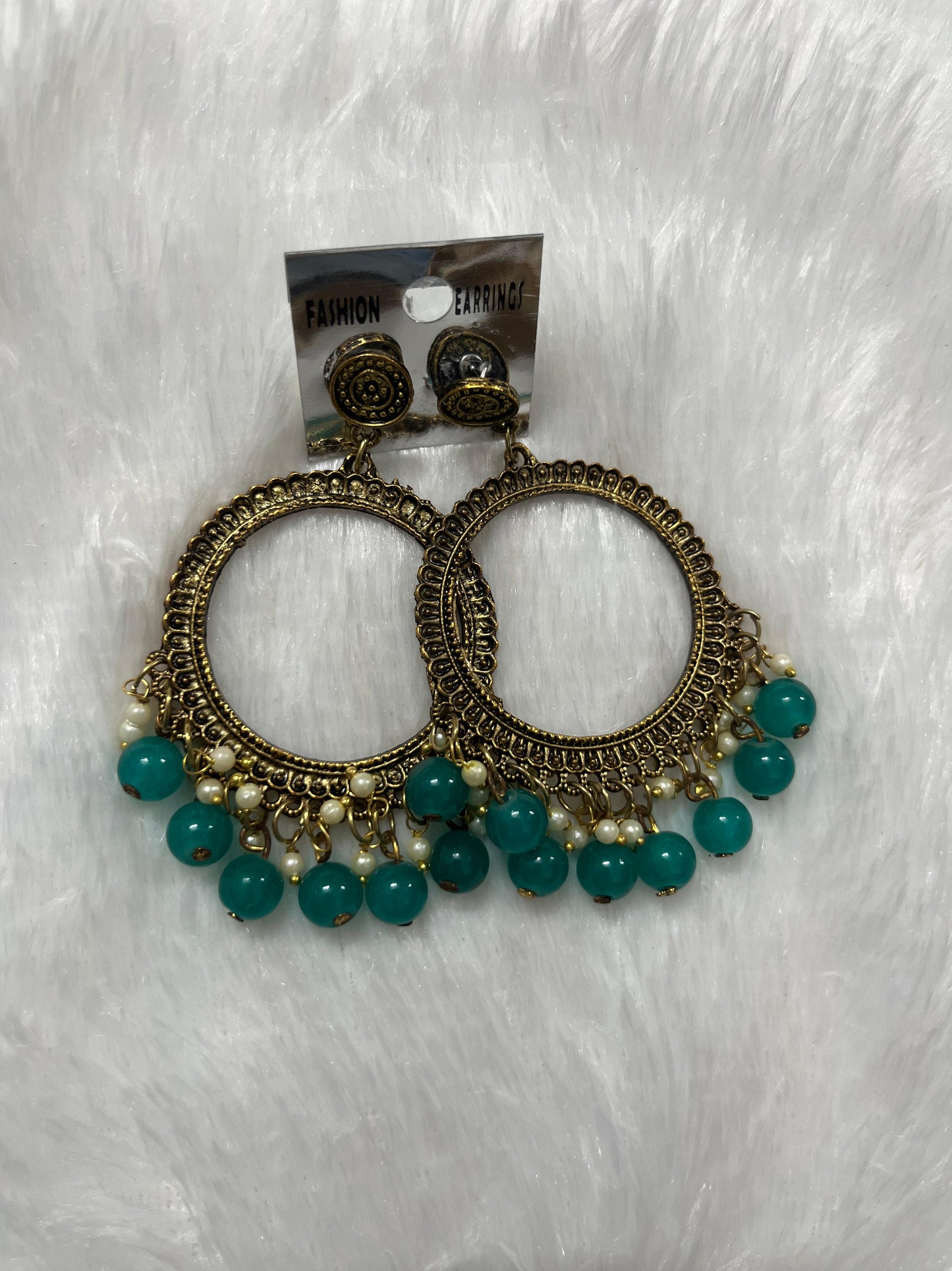 Round Jhumka Earring - Green moti