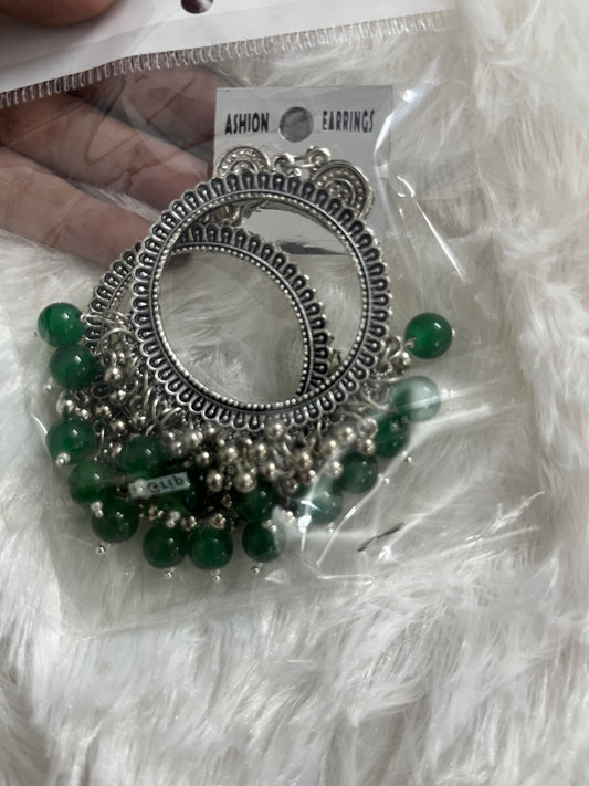 Round jumka with Green Moti (silver)