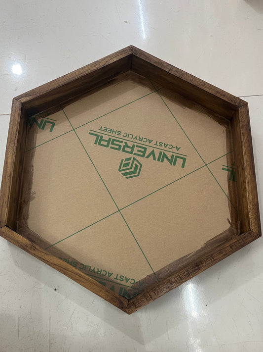 Hexagon  Teak Wood Floating Frame with Acrylic Base
