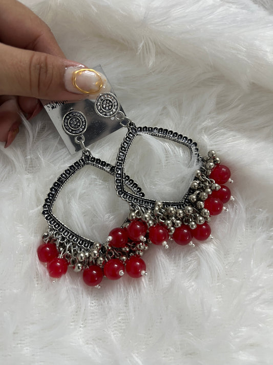 Square jumka with Red Moti (silver)