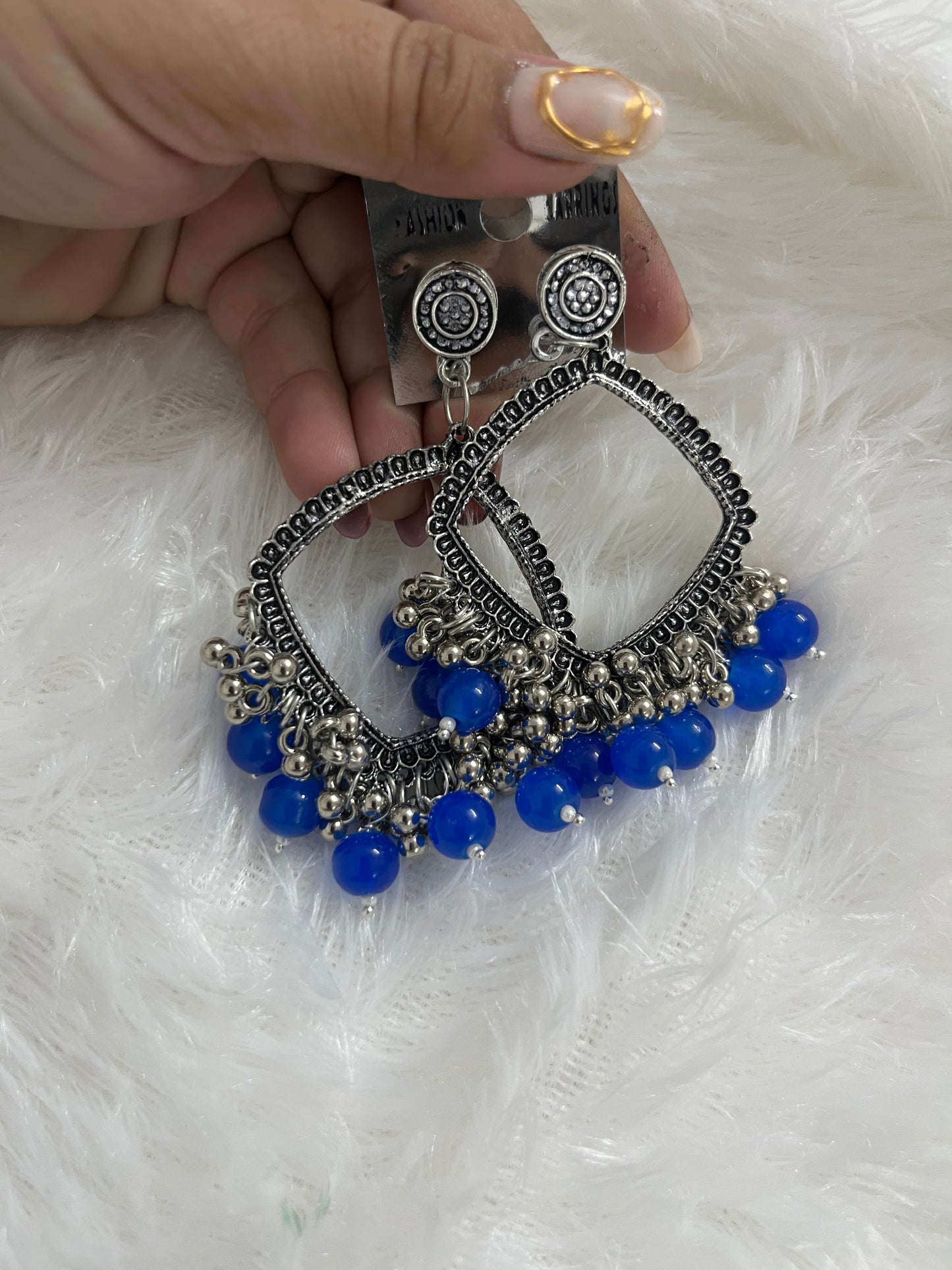 Square jumka with Blue Moti (silver)