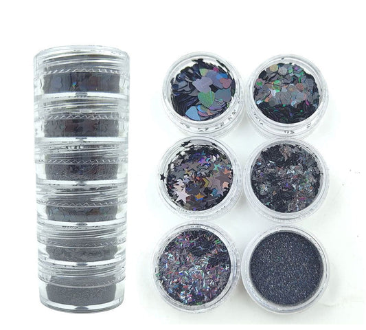 set of 6 black holographic glitter