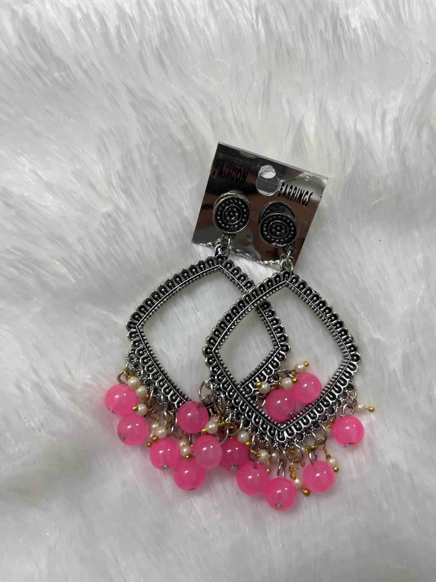 Rhombus Jhumka Earring Pink Moti