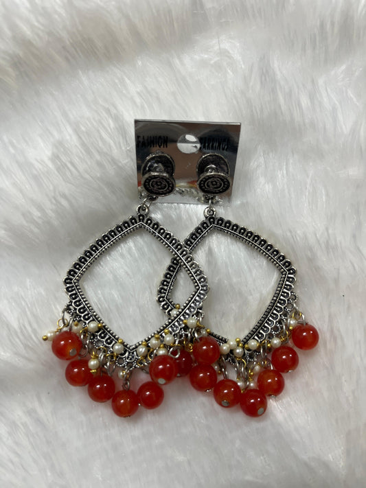 Rhombus Jhumka Earring - Red moti