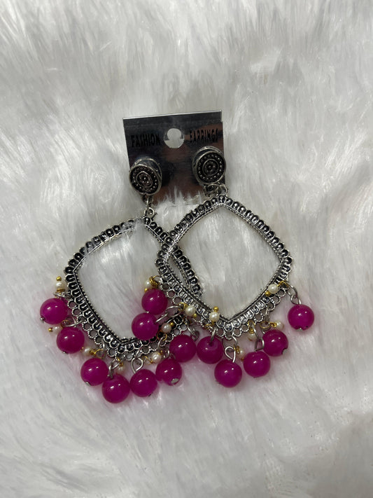 Rhombus Jhumka Earring - pink moti