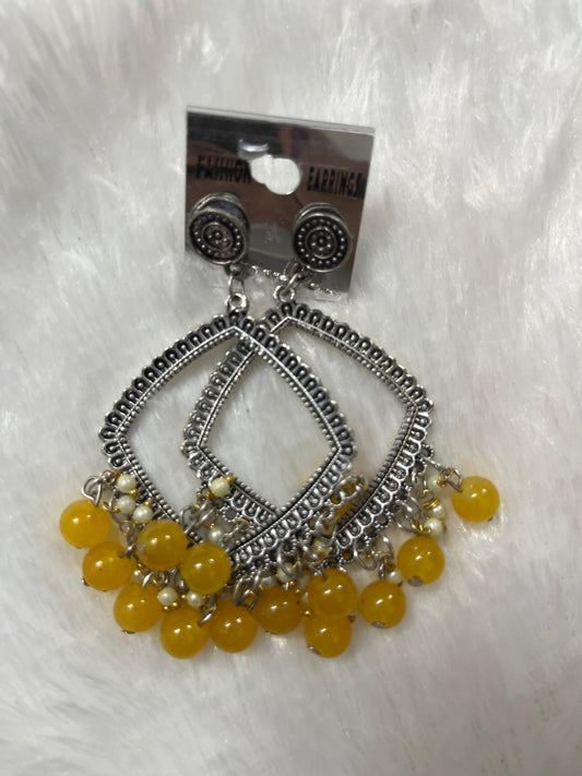 Rhombus Jhumka Earring - yellow moti