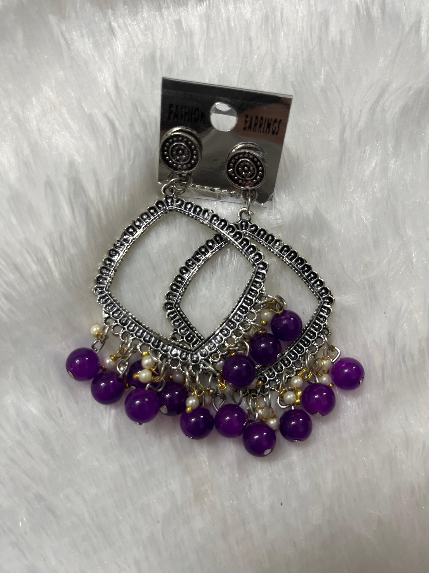 Rhombus Jhumka Earring - purple moti