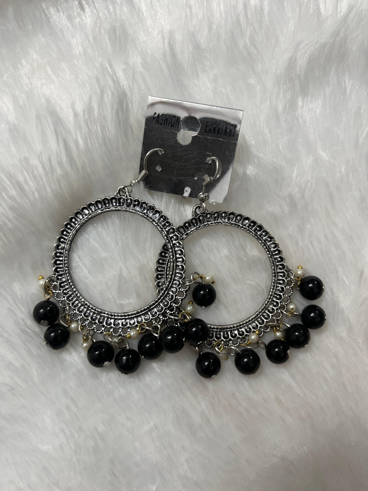 Round Jhumka Earring - Black moti