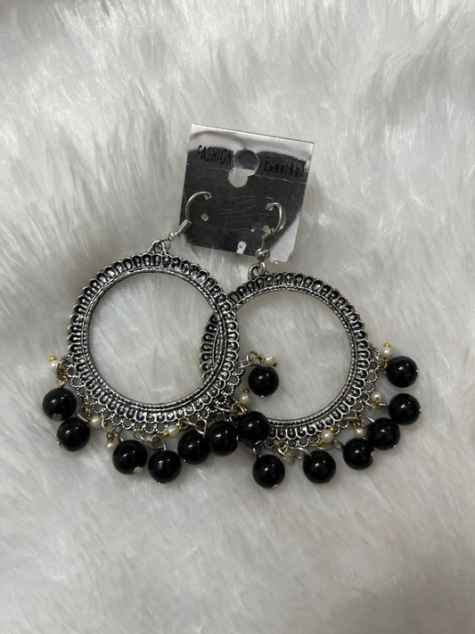 Round Jhumka Earring - Black moti
