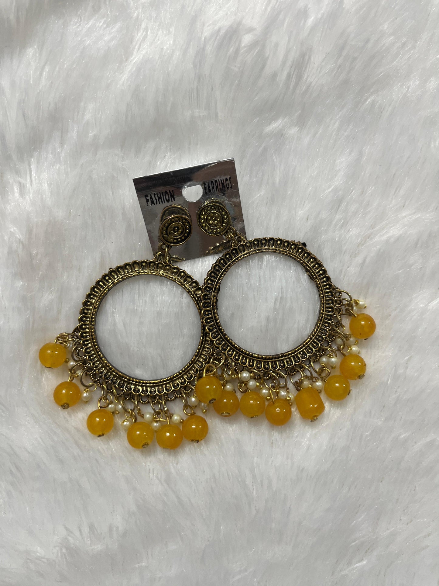 Round Jhumka Earring - Yellow moti