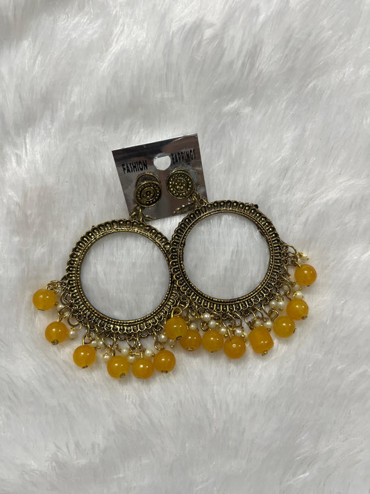Round Jhumka Earring - Yellow moti