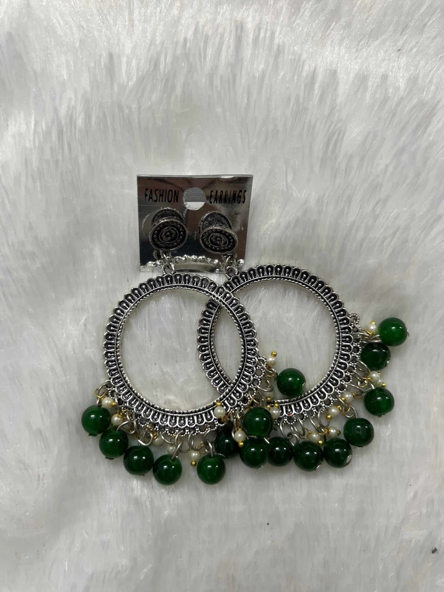 Round Jhumka Silver Earring - Dark Green moti