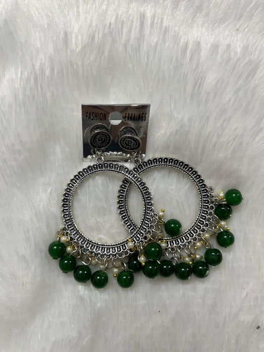 Round Jhumka Silver Earring - Dark Green moti