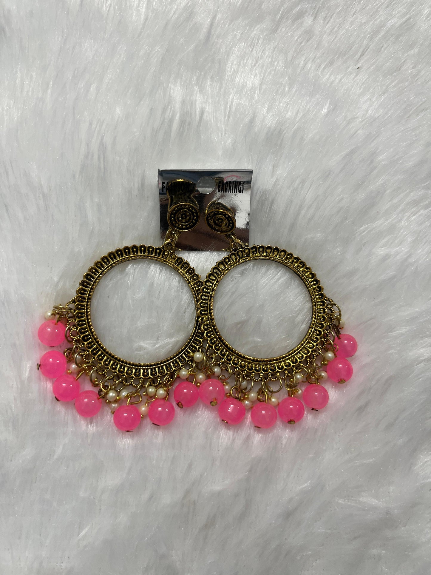 Round Jhumka Golden Earring - Baby Pink moti
