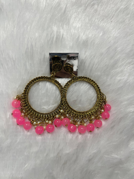 Round Jhumka Golden Earring - Baby Pink moti