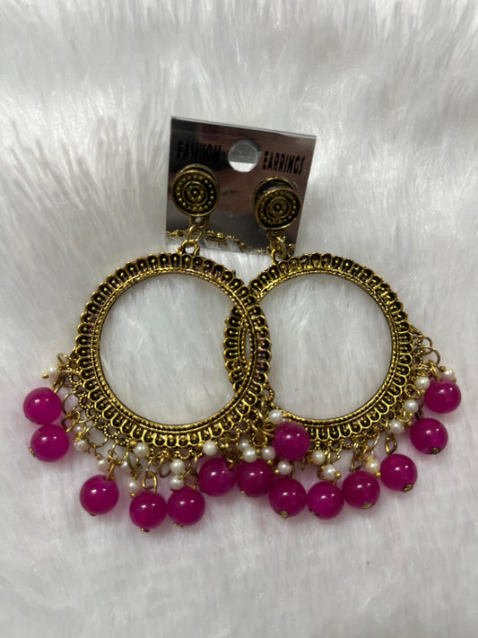 Round Jhumka Golden Earring - Pink moti