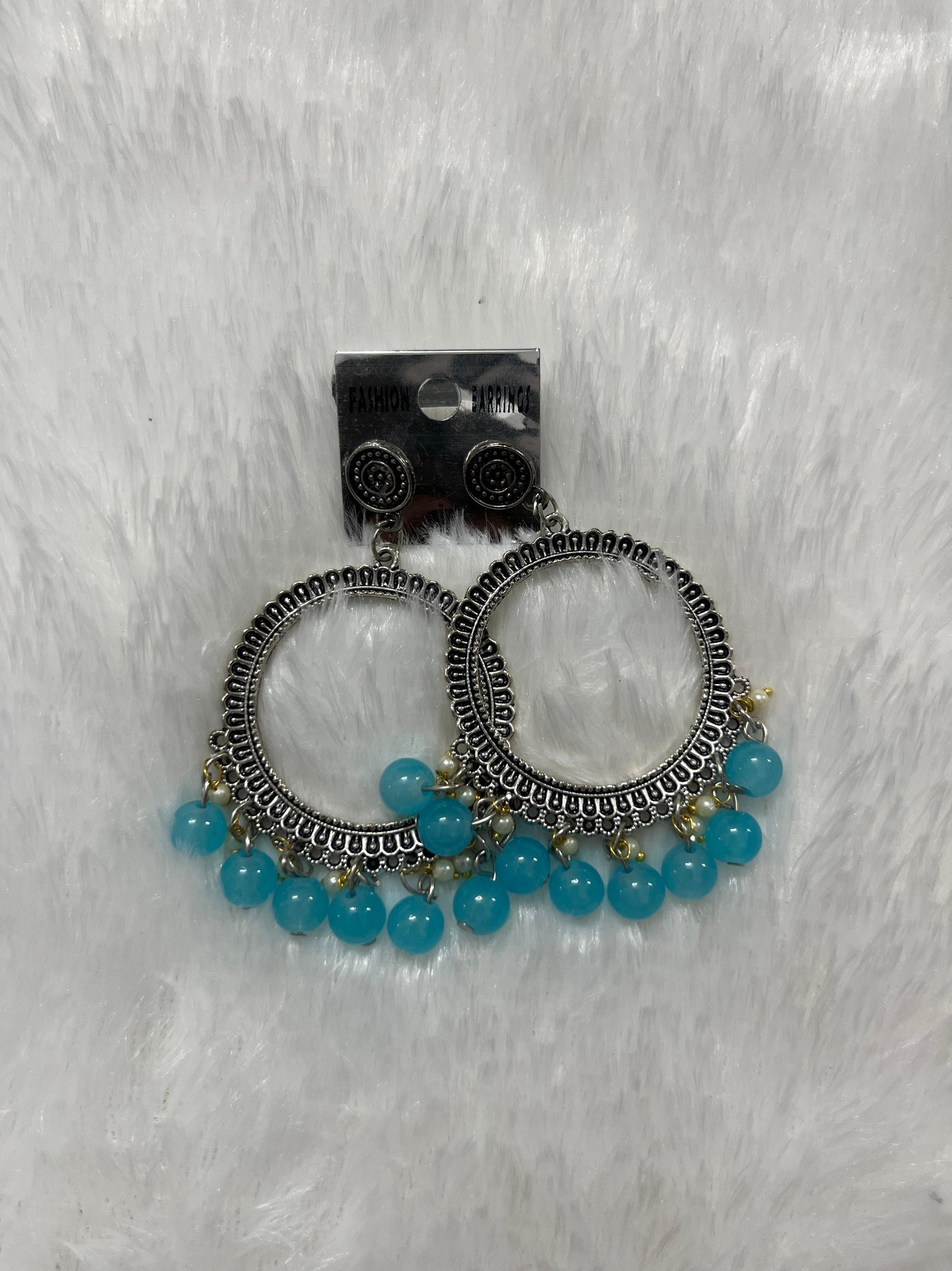 Round Jhumka Silver  Earring - Sky blue moti