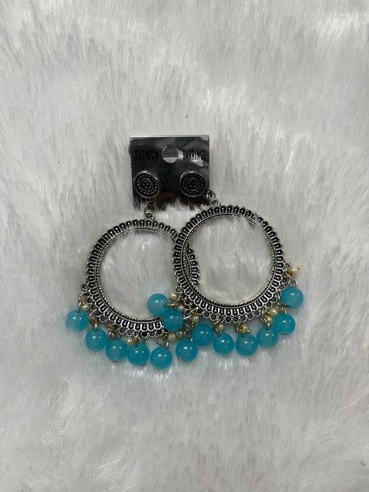 Round Jhumka Silver  Earring - Sky blue moti
