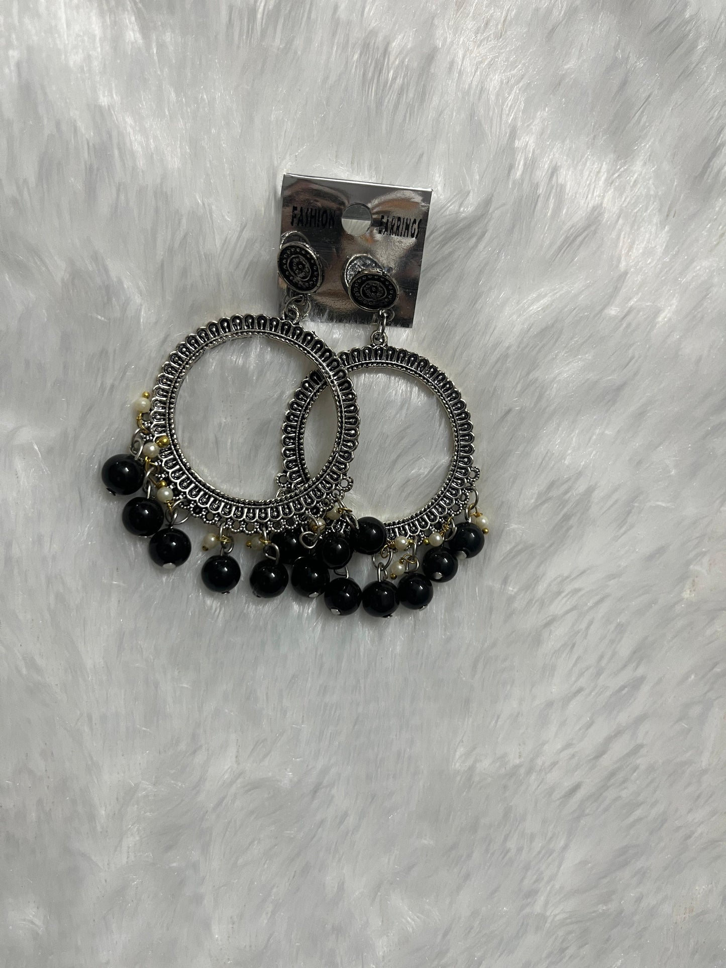 Round Jhumka  Silver Earring - Black moti