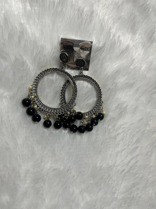 Round Jhumka  Silver Earring - Black moti