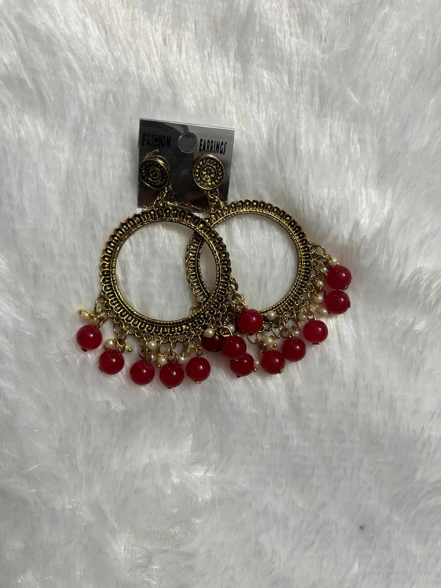 Round Jhumka Golden Earring - red moti