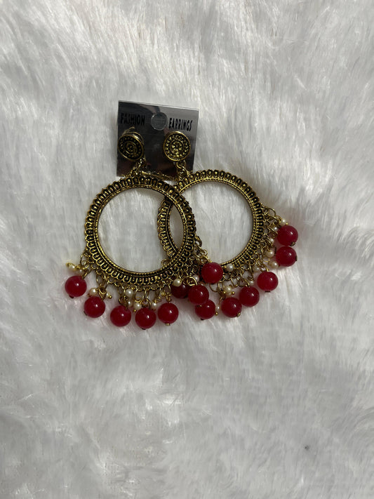 Round Jhumka Golden Earring - red moti