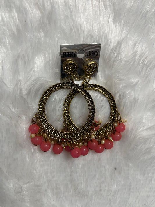 Round Jhumka Golden Earring - Light red moti